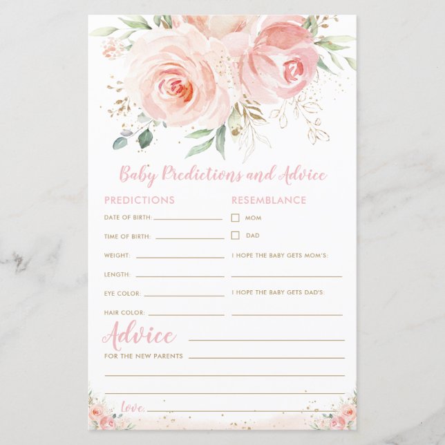 Blush Pink Floral Baby Predictions and Advice Game (Front)