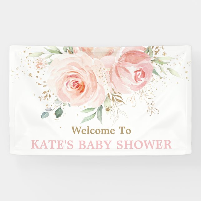 Blush Pink Floral Baby Shower Backdrop Welcome Banner (Horizontal)