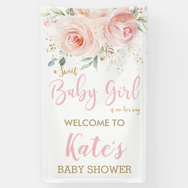 Blush Pink Floral Baby Shower Backdrop Welcome Banner (Vertical)