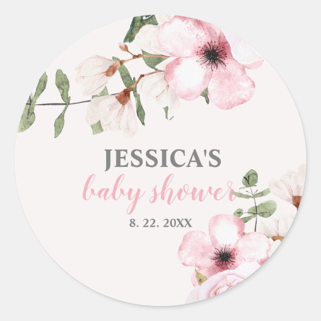 Blush Pink Floral Baby Shower  Classic Round Sticker (Front)