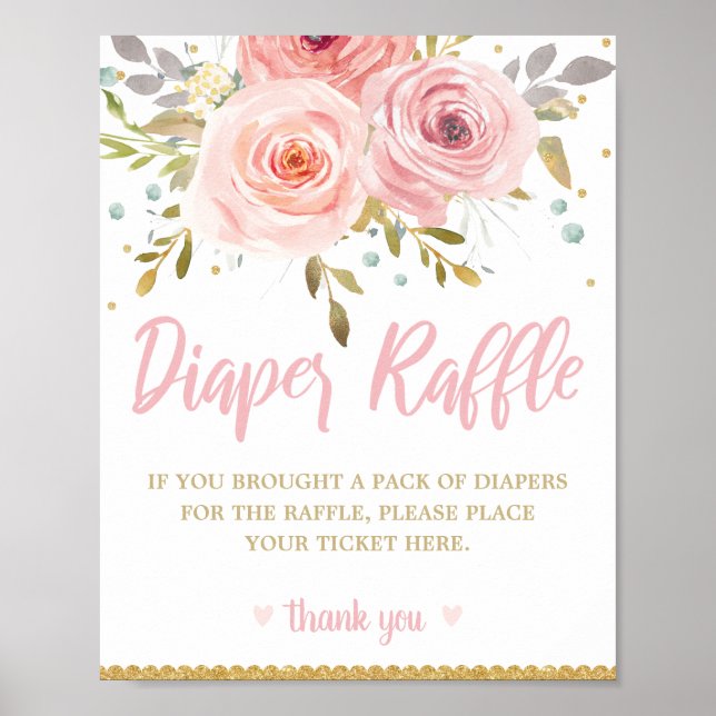 Blush Pink Floral Baby Shower Diaper Raffle Sign (Front)