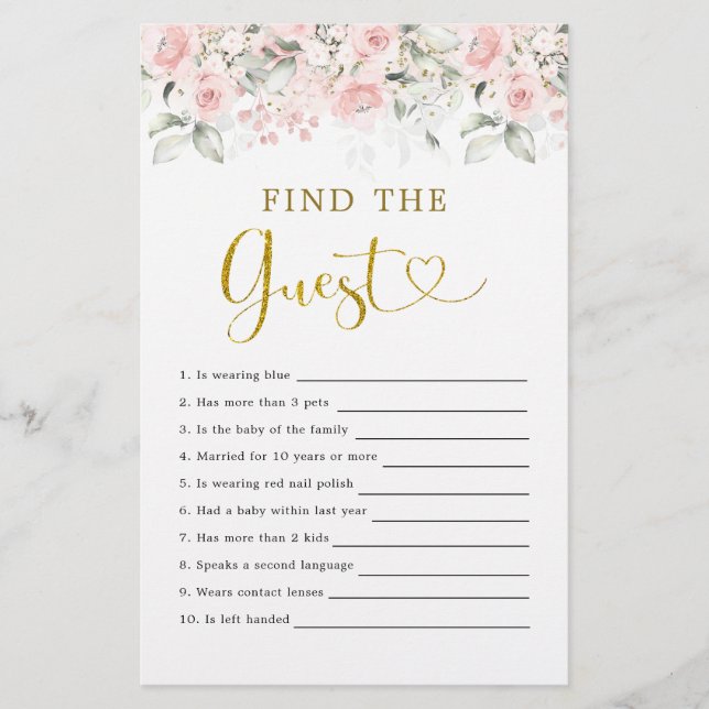 Blush Pink Floral Baby Shower Find The Guest (Front)