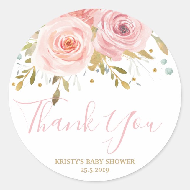 Blush Pink Floral Baby Shower Girl Favour Classic Round Sticker (Front)