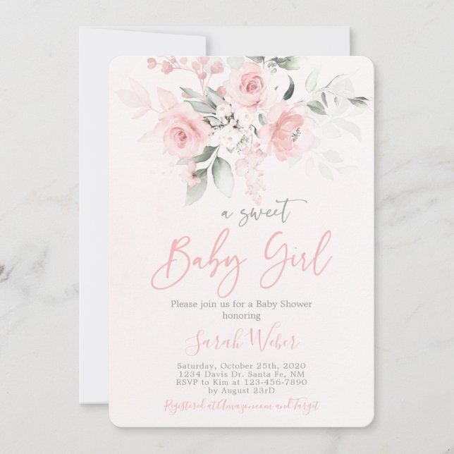 Blush pink floral baby shower girl invitation (Front)