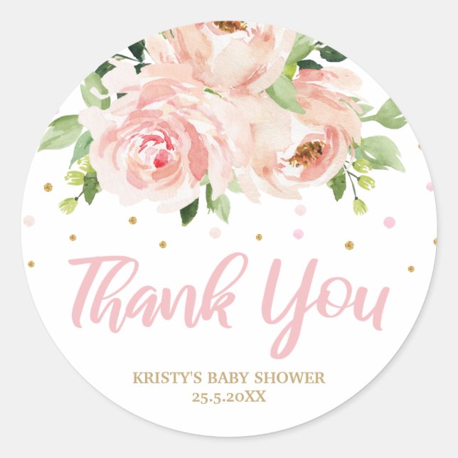Blush Pink Floral Baby Shower Girl Thank You Favor Classic Round Sticker (Front)