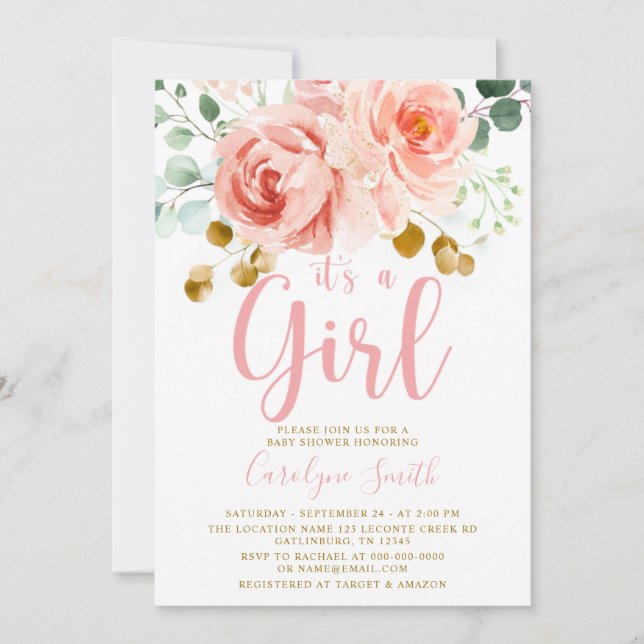 Blush Pink Floral Baby Shower Invitation Girl (Front)