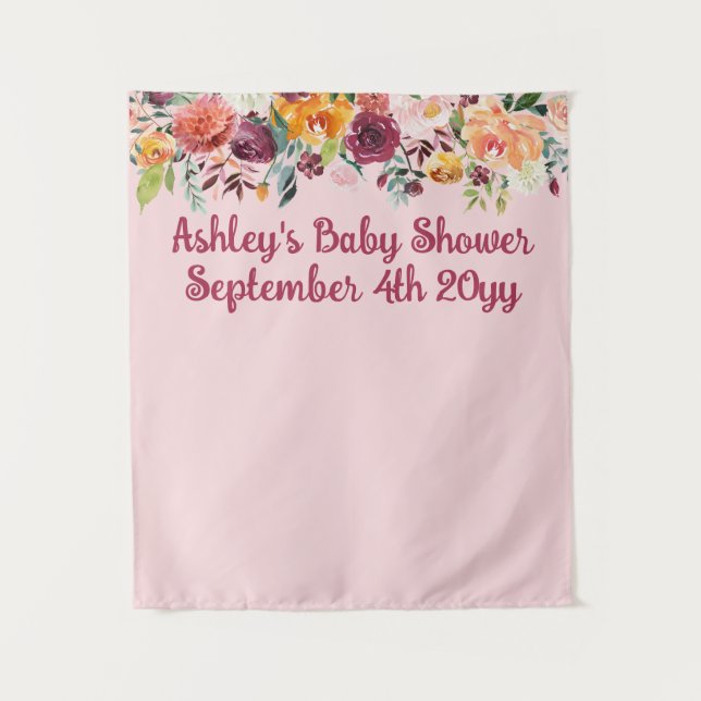 Blush Pink Floral Baby Shower Photo Booth Backdrop Tapestry (Front)