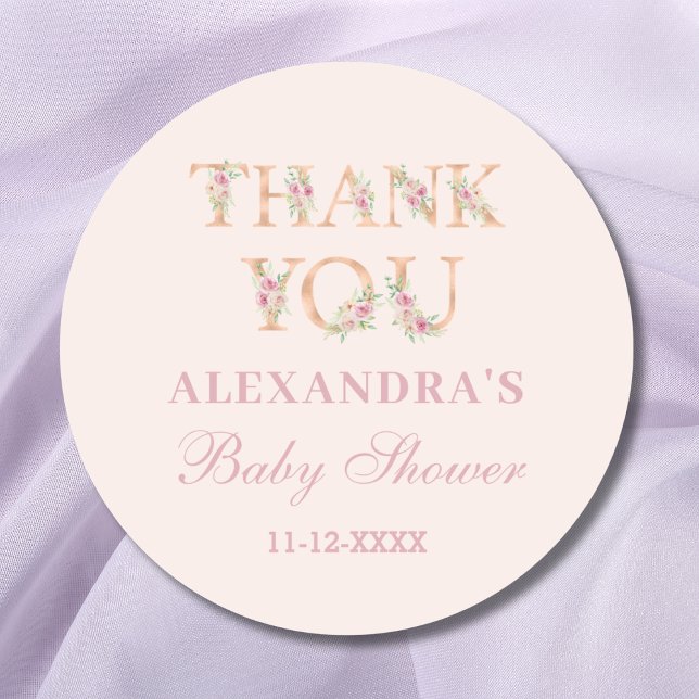 Blush Pink Floral Baby Shower Thank You Classic Round Sticker (Creator Uploaded)