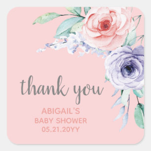 Blush Pink Floral Baby Shower Thank You Favour Square Sticker