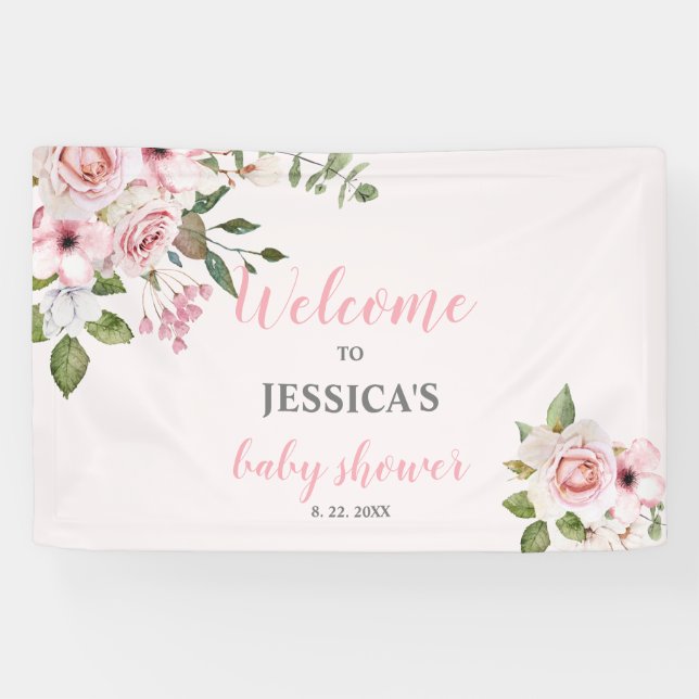 Blush Pink Floral Baby Shower Welcome Sign, Poster Banner (Horizontal)