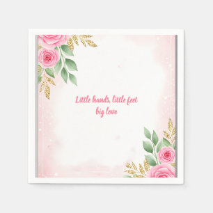 Blush Pink Floral Baby Shower with Roses and Gold Napkin