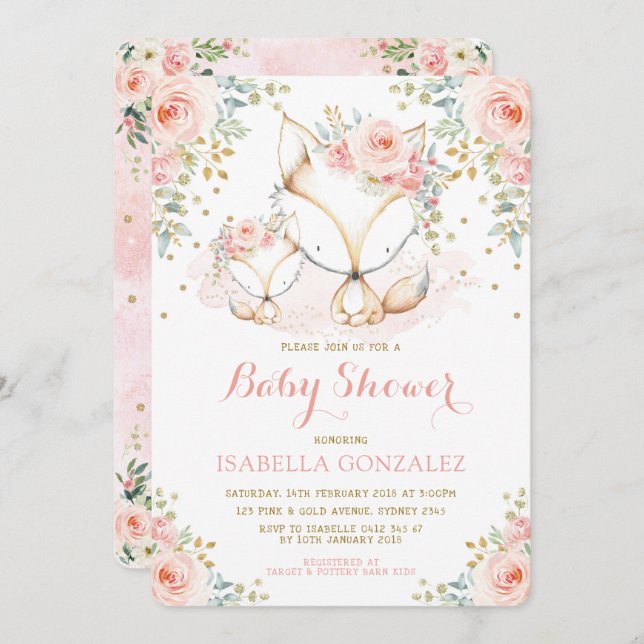 Blush Pink Floral Baby Woodland Fox Girl Shower In Invitation (Front/Back)
