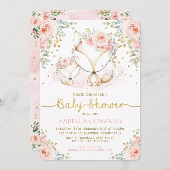 Blush Pink Floral Baby Woodland Fox Girl Shower Invitation (Front/Back)