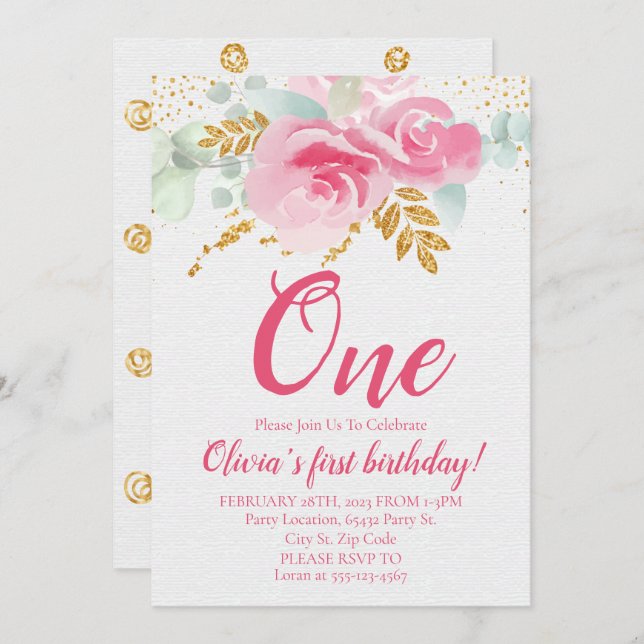 Blush Pink Floral Baby's First Birthday Invitation (Front/Back)