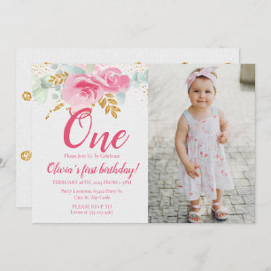 Blush Pink Floral Baby's First Birthday Photo Invitation
