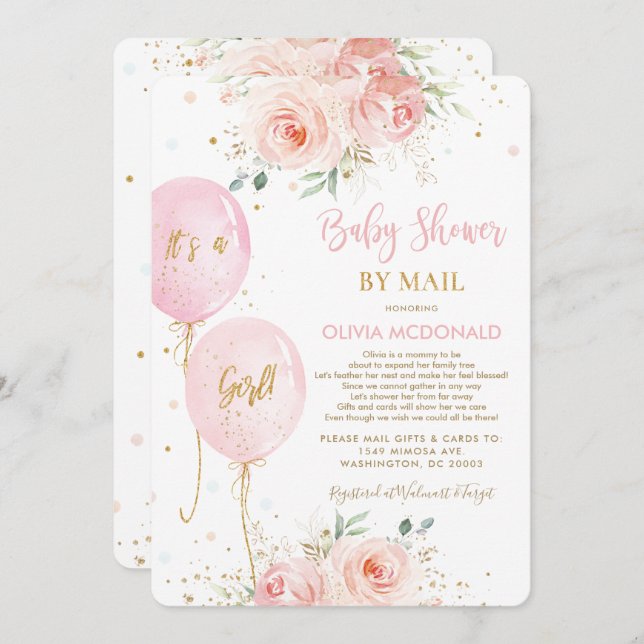 Blush Pink Floral Balloons Gold Baby Shower by Mai Invitation (Front/Back)