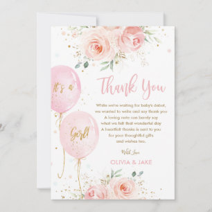 Blush Pink Floral Balloons Gold Girl Baby Shower Thank You Card