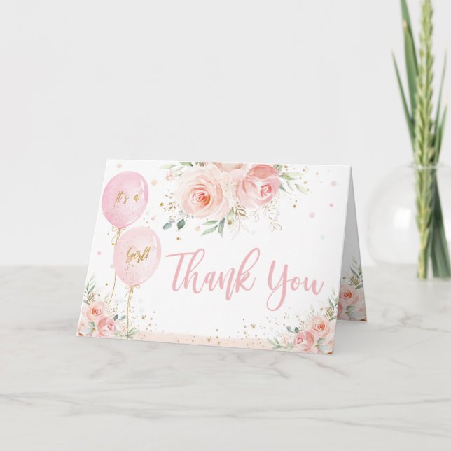 Blush Pink Floral Balloons Gold Girl Baby Shower Thank You Card (Front)