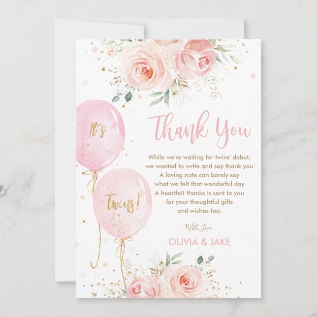Blush Pink Floral Balloons Gold Twins Baby Shower Thank You Card (Front)