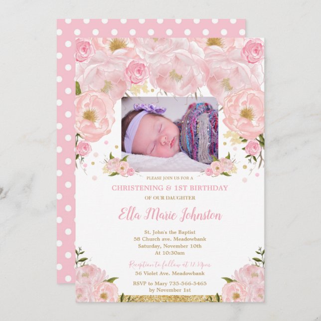 Blush Pink Floral Baptism 1st Birthday Party Photo Invitation (Front/Back)