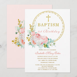 Blush Pink Floral Baptism and  First Birthday Invi Invitation