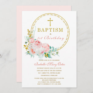 Blush Pink Floral Baptism and  First Birthday Invi Invitation