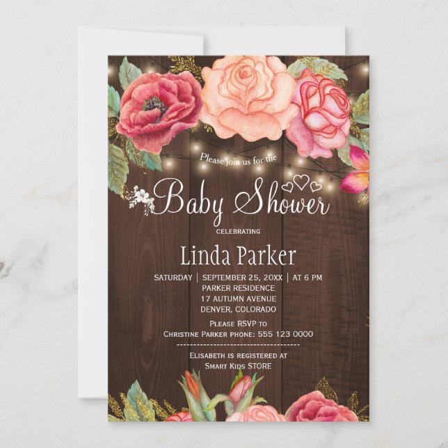Blush pink floral barn wood baby shower invitation (Front)