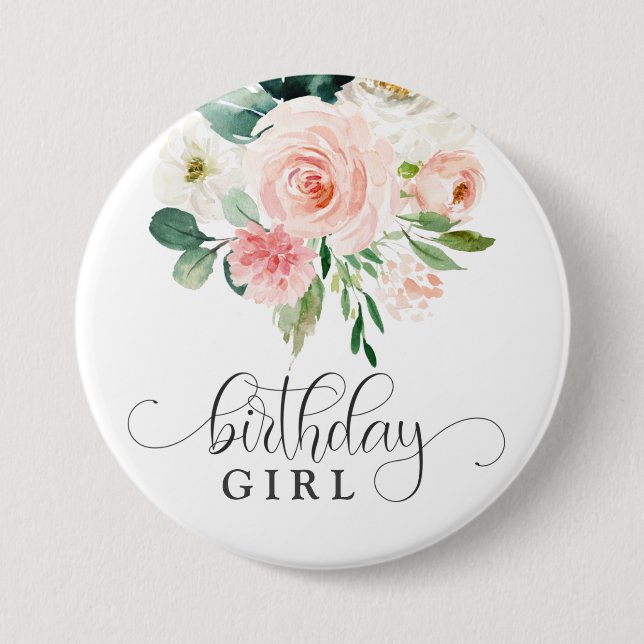 Blush Pink Floral Birthday Girl 7.5 Cm Round Badge (Front)
