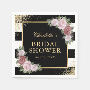 Blush Pink Floral Black and Gold Bridal Shower  Napkin
