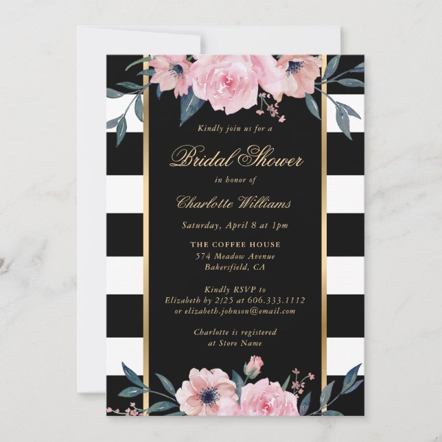 Blush Pink Floral Black Striped Bridal Shower Invitation (Front)