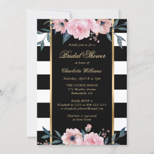 Blush Pink Floral Black Striped Bridal Shower Invitation