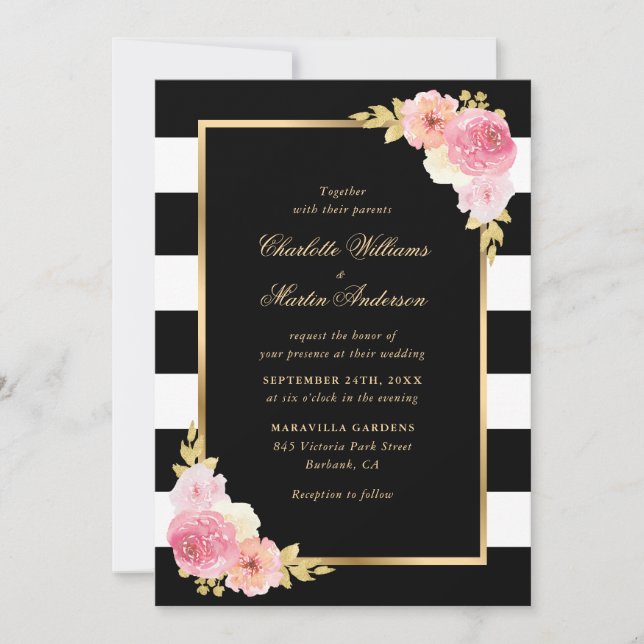 Blush Pink Floral Black White Striped Wedding Invitation (Front)