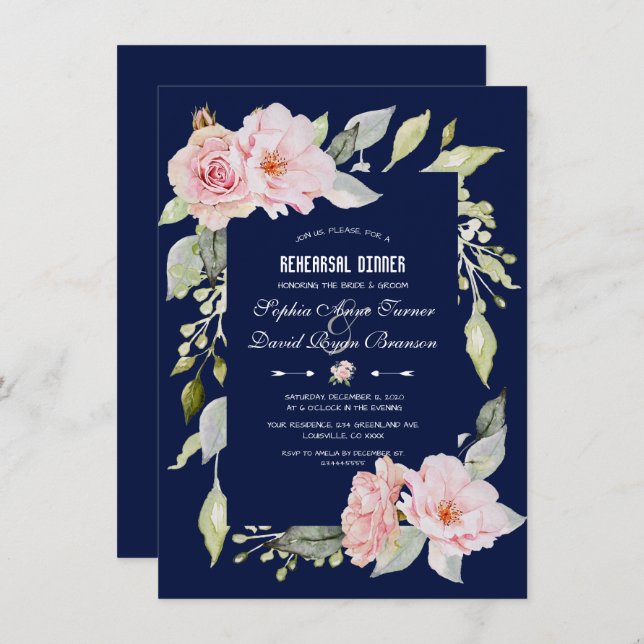 Blush Pink Floral Bloom Navy Blue Rehearsal Dinner Invitation (Front/Back)
