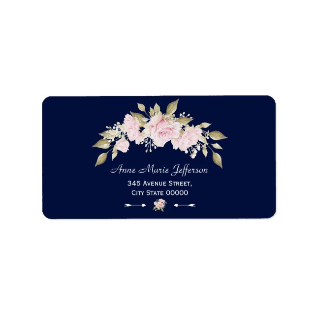 Blush Pink Floral Bloom Navy Blue Wedding Label (Front)