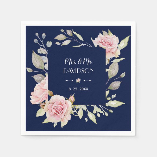 Blush Pink Floral Bloom Navy Blue Wedding Napkin (Front)