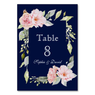 Blush Pink Floral Bloom Navy Blue Wedding Table Number