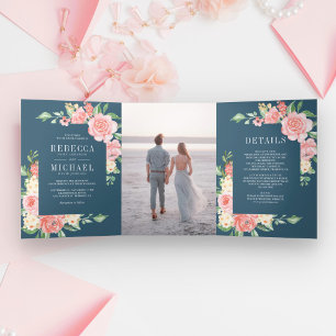 Blush Pink Floral Bloom Photo Dusty Blue Wedding Tri-Fold Invitation