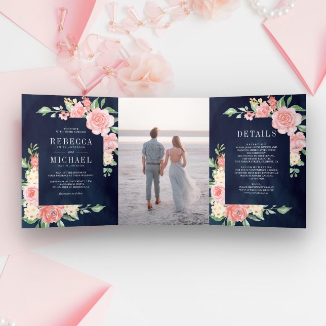 Blush Pink Floral Bloom Photo Navy Blue Wedding Tri-Fold Invitation (Creator Uploaded)