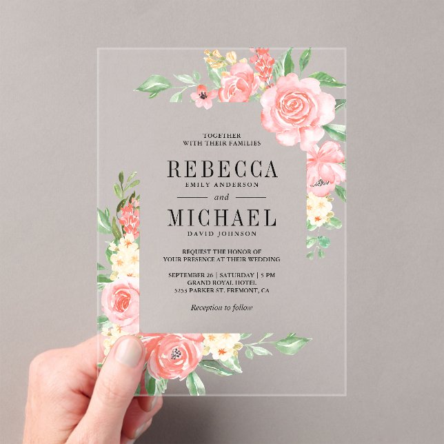 Blush Pink Floral Bloom Roses Wedding Acrylic Invitations (Insitu (Handheld))