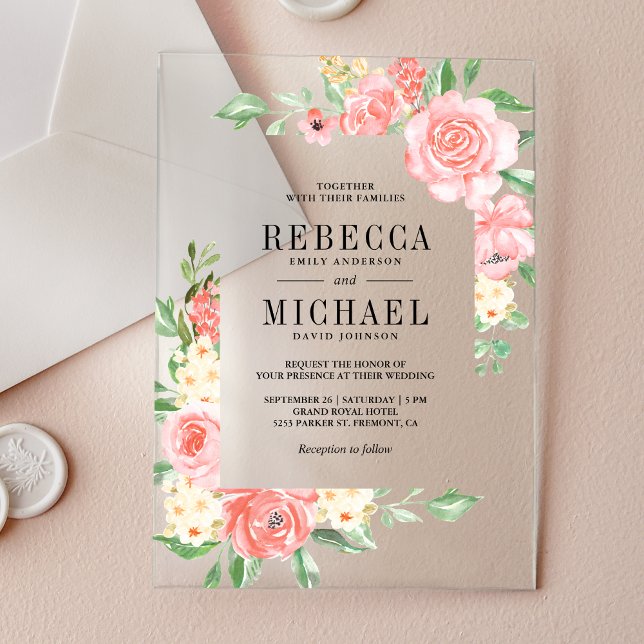 Blush Pink Floral Bloom Roses Wedding Acrylic Invitations (Creator Uploaded)