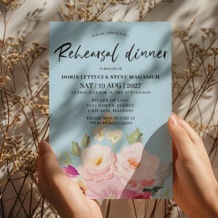 Blush Pink Floral Blue Rehearsal Dinner Invitation