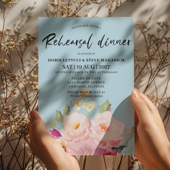 Blush Pink Floral Blue Rehearsal Dinner  Invitation (Creator Uploaded)