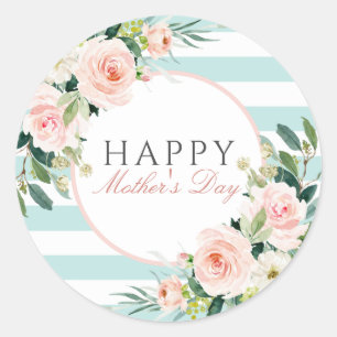 Blush Pink Floral Blue Stripes Mother's Day Classic Round Sticker