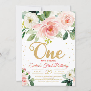 Blush pink floral boho ONE girl first birthday Invitation