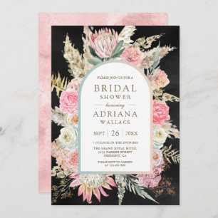 Blush Pink Floral Boho Pampas Black Bridal Shower Invitation