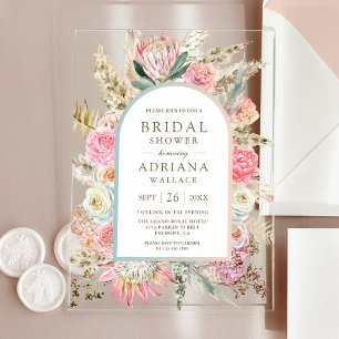Blush Pink Floral Boho Pampas Grass Bridal Shower Acrylic Invitations