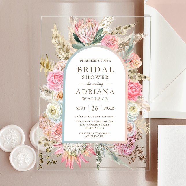 Blush Pink Floral Boho Pampas Grass Bridal Shower Acrylic Invitations (Creator Uploaded)