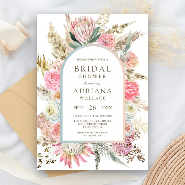 Blush Pink Floral Boho Pampas Grass Bridal Shower Invitation (Creator Uploaded)