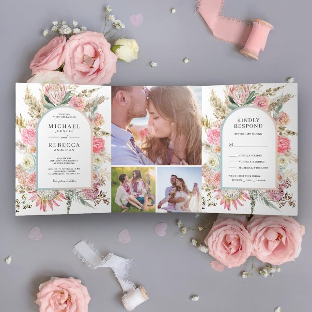 Blush Pink Floral Boho Pampas Grass Photo Wedding Tri-Fold Invitation (Creator Uploaded)