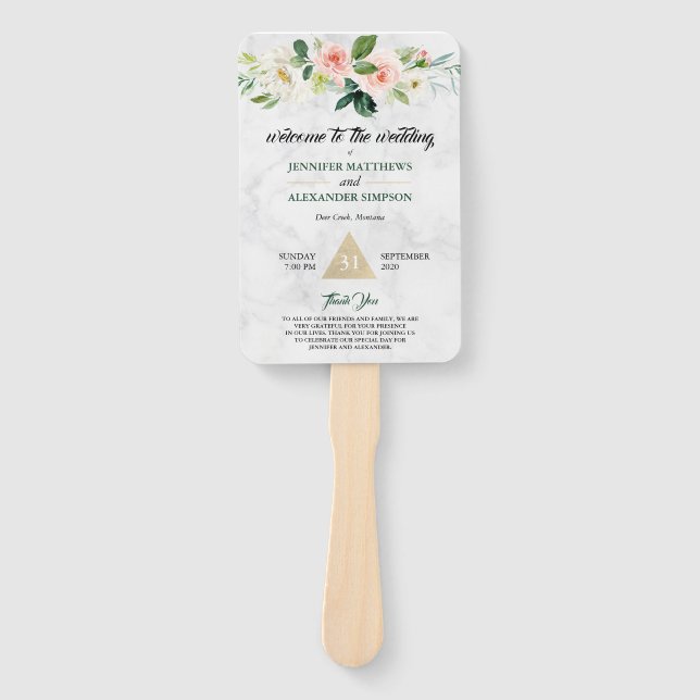 Blush Pink Floral Boho Wedding Program Hand Fan (Front)